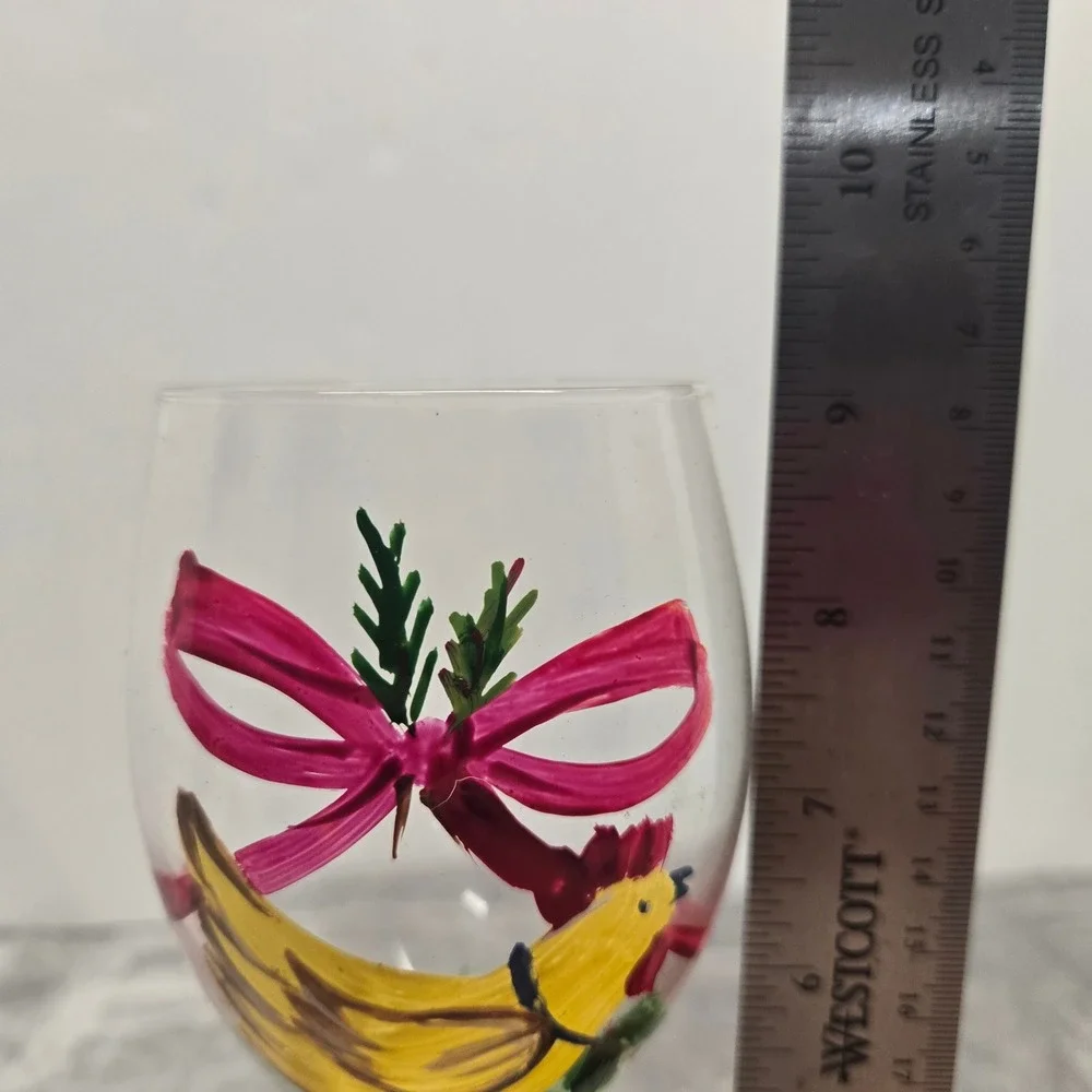Hand Painted Wine Glass Yellow Chicken Hen Pink Bow Festive Holiday Stemware